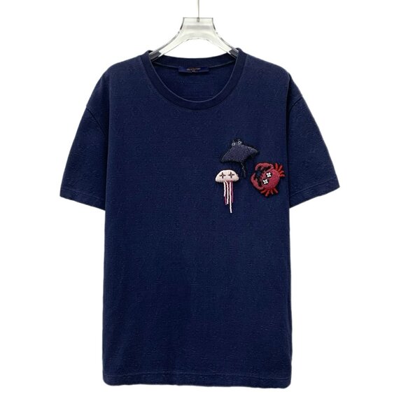 J18832 Louis Vuitton Navy Blue Animal Beaded Cotton Round Neck Short Sleeve - Picture 1 of 8